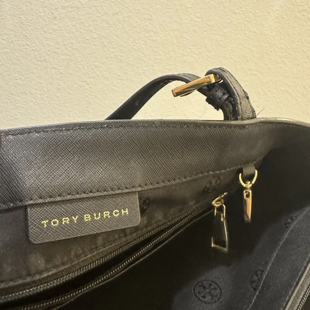 Tory Burch Small York Buckle Leather Tote Black Gold Hardware